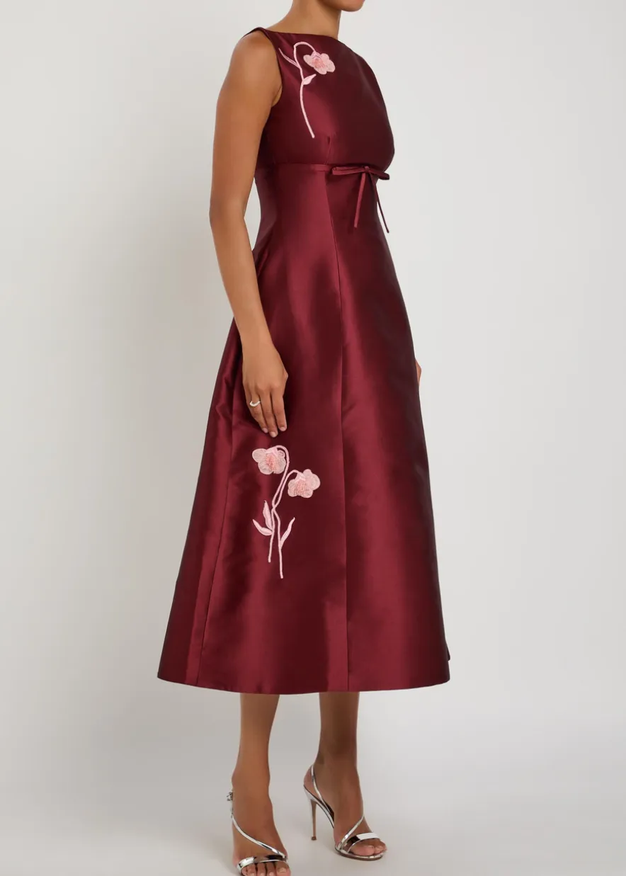 Floral-embroidered Mikado satin midi dress