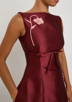 Floral-embroidered Mikado satin midi dress