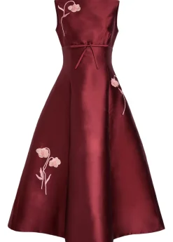 Floral-embroidered Mikado satin midi dress