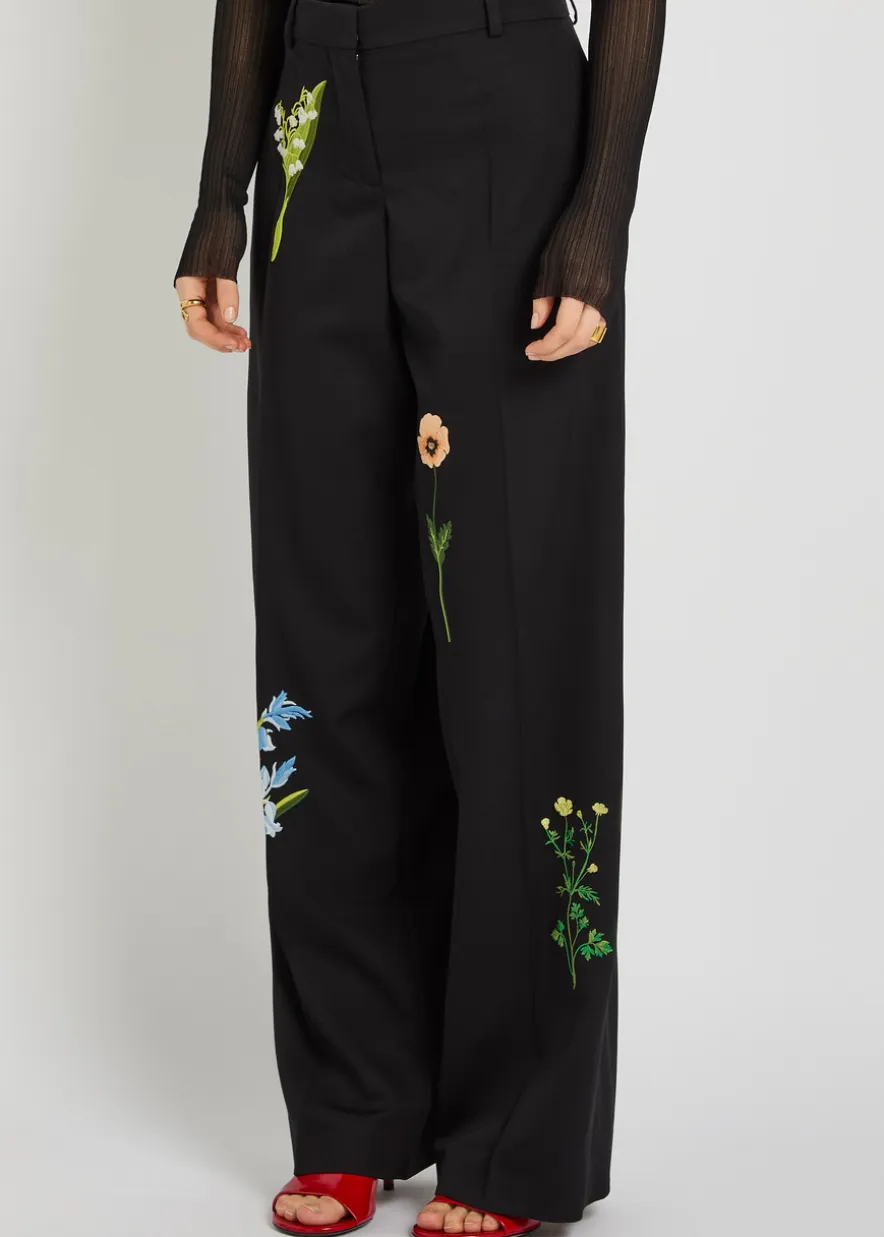 Floral-embroidered straight-leg trousers
