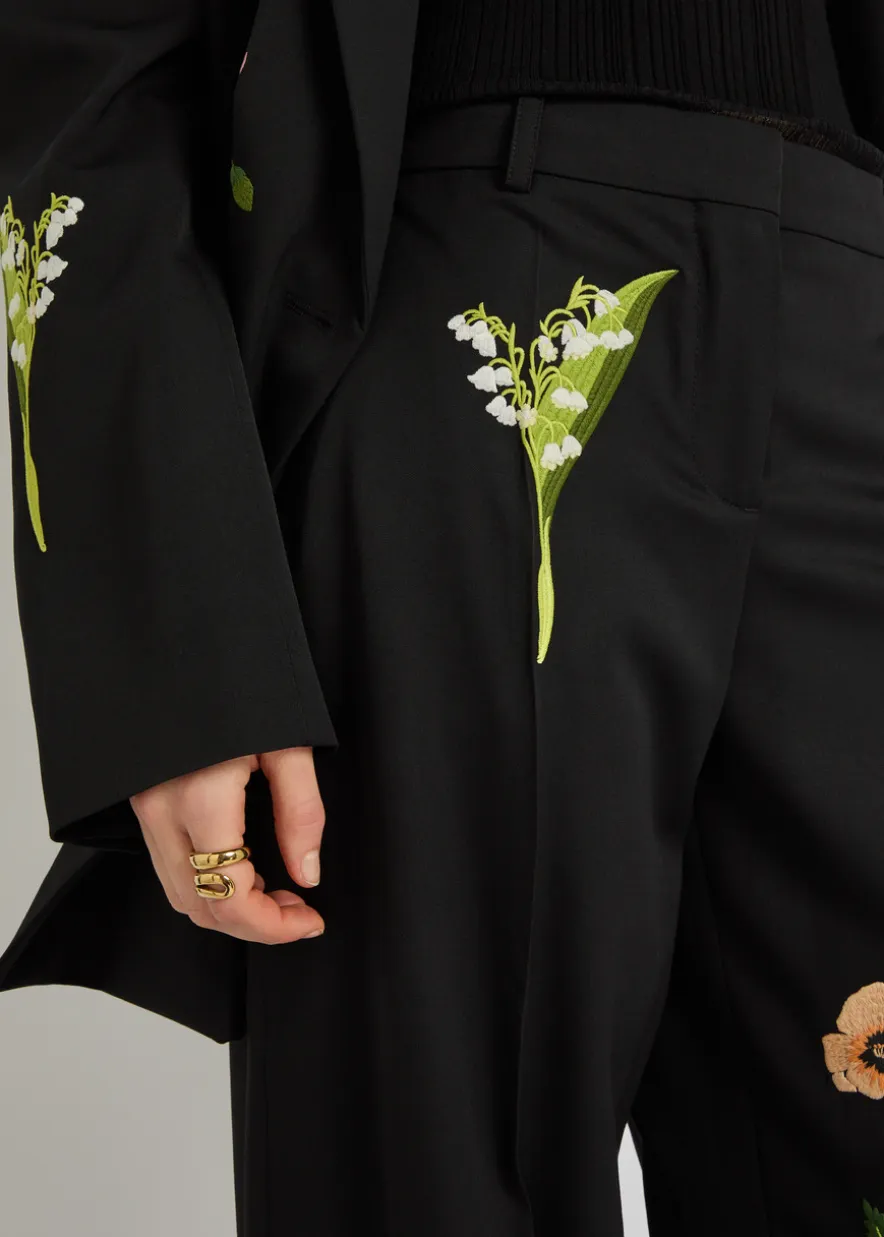 Floral-embroidered straight-leg trousers