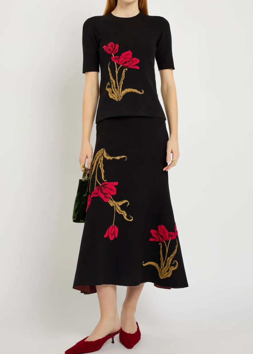 Floral-intarsia knit midi skirt