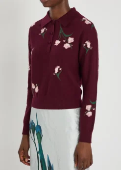 Floral-intarsia merino wool polo jumper