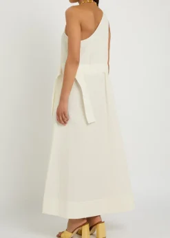 Floral-jacquard belted cotton-blend midi dress