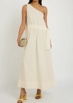 Floral-jacquard belted cotton-blend midi dress