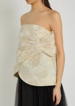 Floral-jacquard gathered satin top