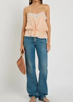 Floral-jacquard lace-trim silk top