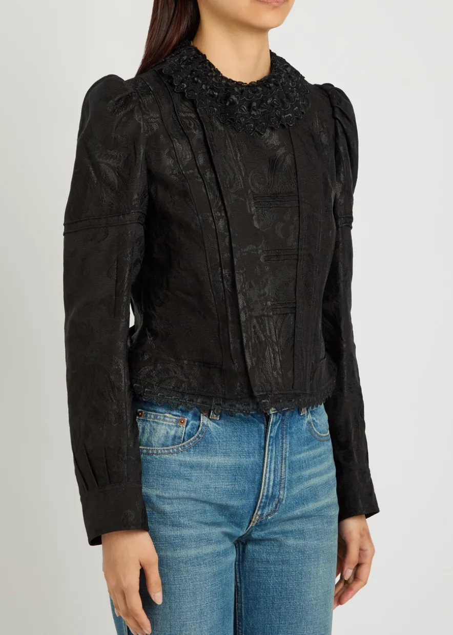 Floral-jacquard lace-trim woven jacket