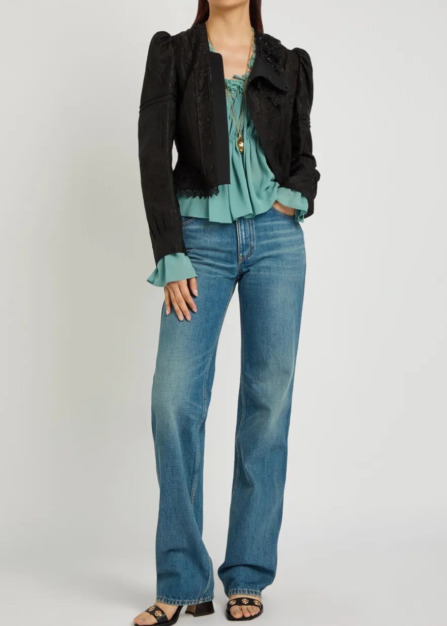 Floral-jacquard lace-trim woven jacket