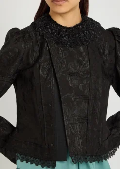 Floral-jacquard lace-trim woven jacket