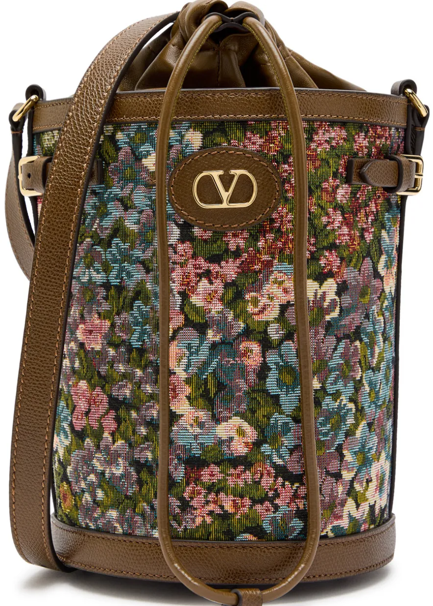 Floral-jacquard leather bucket bag