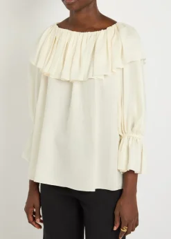 Floral jacquard ruffled silk blouse
