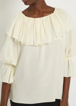 Floral jacquard ruffled silk blouse