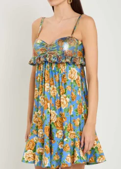 Floral-print chainmail and jersey mini dress