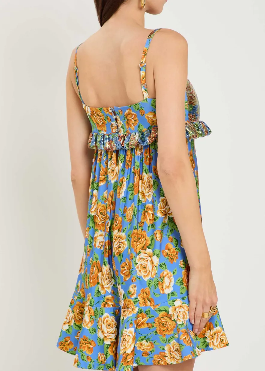 Floral-print chainmail and jersey mini dress