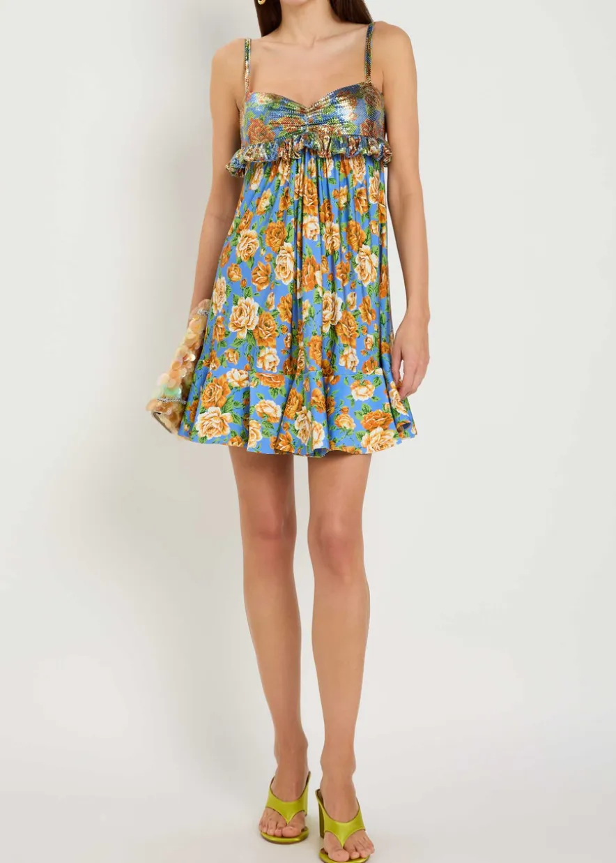 Floral-print chainmail and jersey mini dress