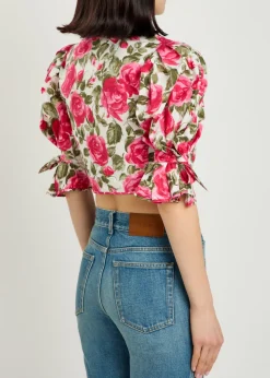 Floral-print cotton-poplin cropped blouse