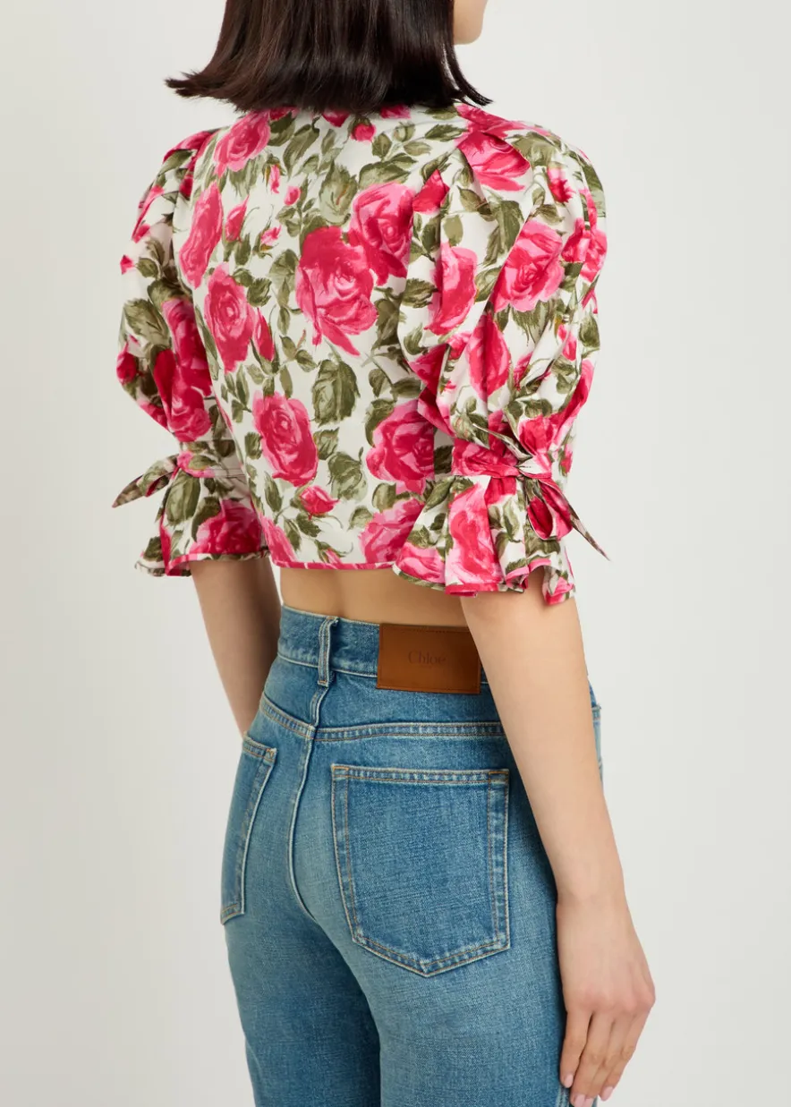 Floral-print cotton-poplin cropped blouse