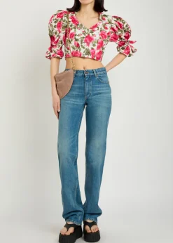 Floral-print cotton-poplin cropped blouse