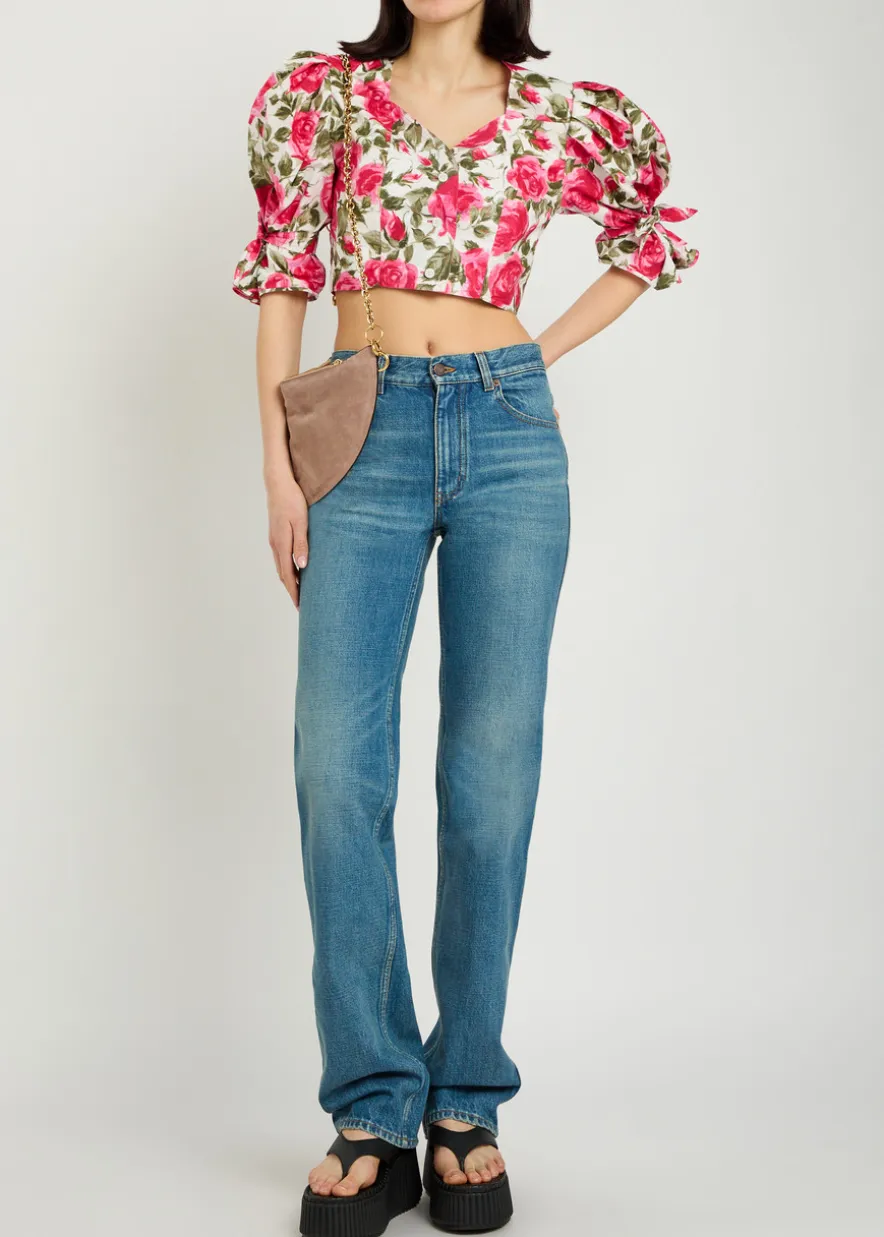 Floral-print cotton-poplin cropped blouse
