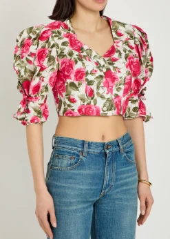 Floral-print cotton-poplin cropped blouse