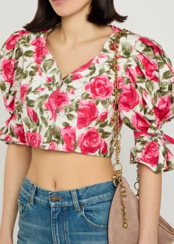 Floral-print cotton-poplin cropped blouse