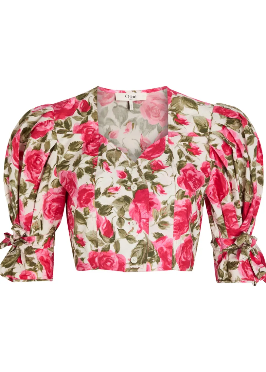 Floral-print cotton-poplin cropped blouse