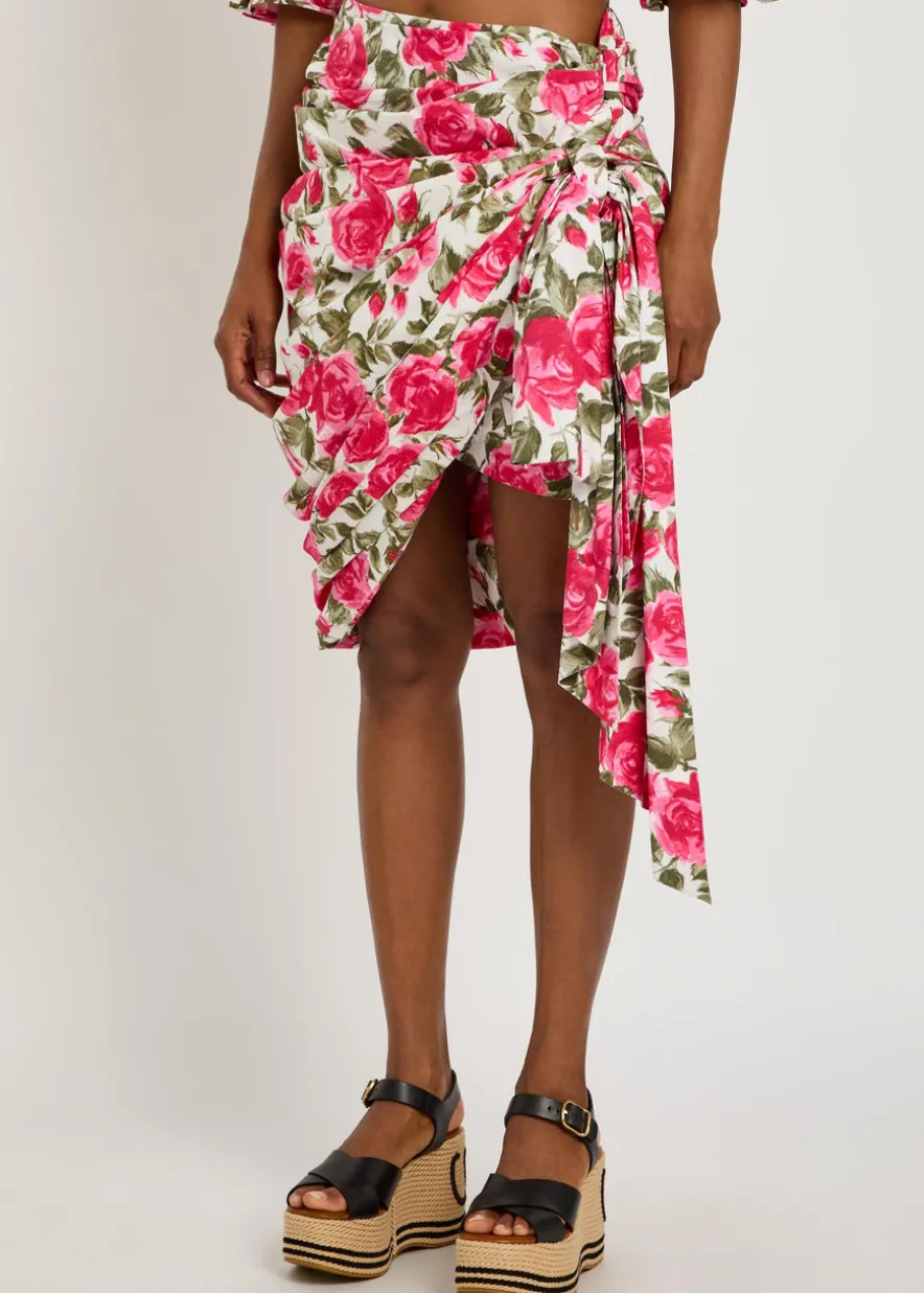 Floral-print cotton-poplin knee-length wrap skirt