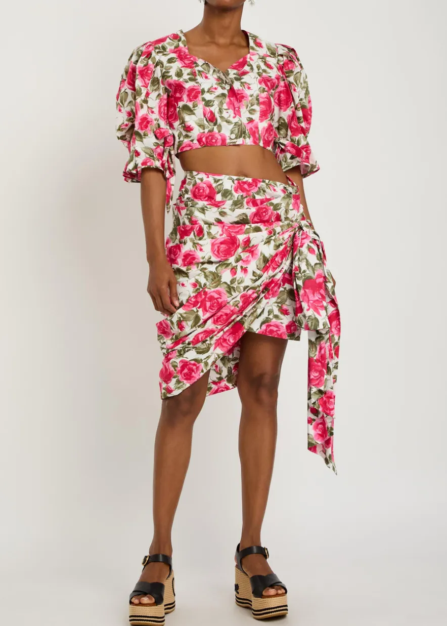 Floral-print cotton-poplin knee-length wrap skirt