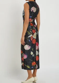 Floral-print crinkled satin midi cocktail dress