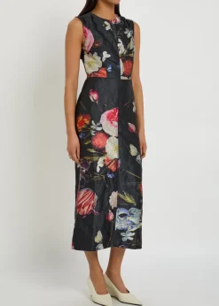 Floral-print crinkled satin midi cocktail dress