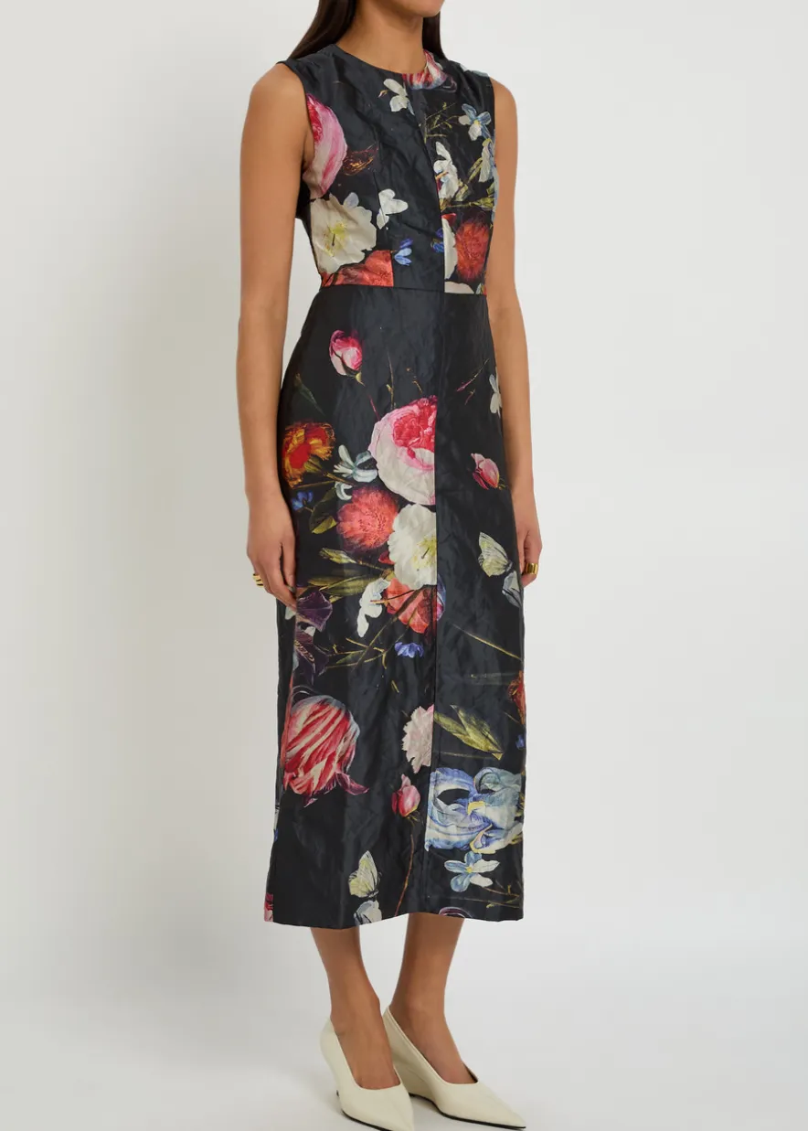 Floral-print crinkled satin midi cocktail dress
