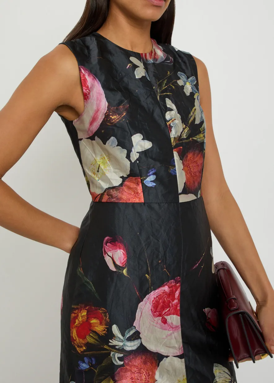 Floral-print crinkled satin midi cocktail dress