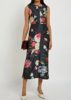 Floral-print crinkled satin midi cocktail dress