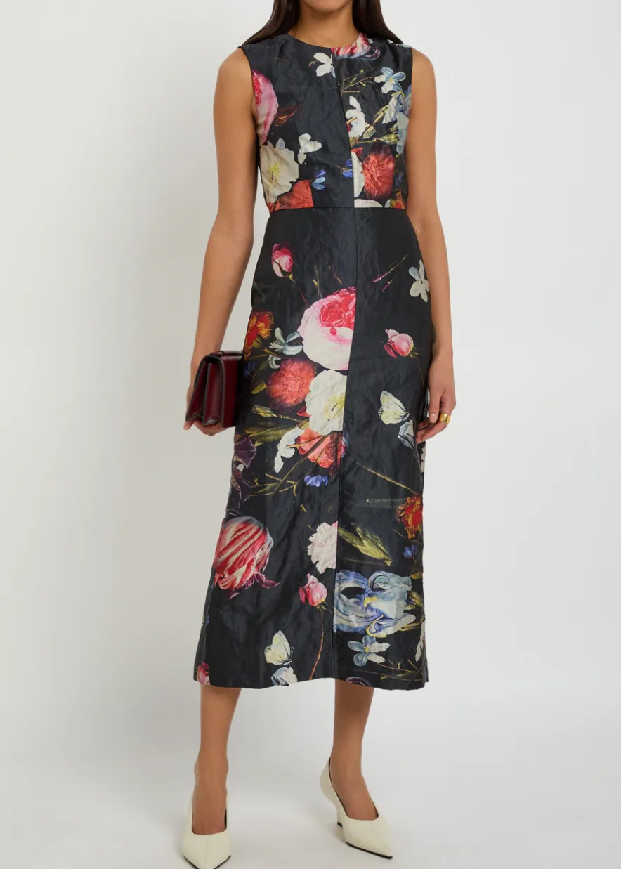 Floral-print crinkled satin midi cocktail dress