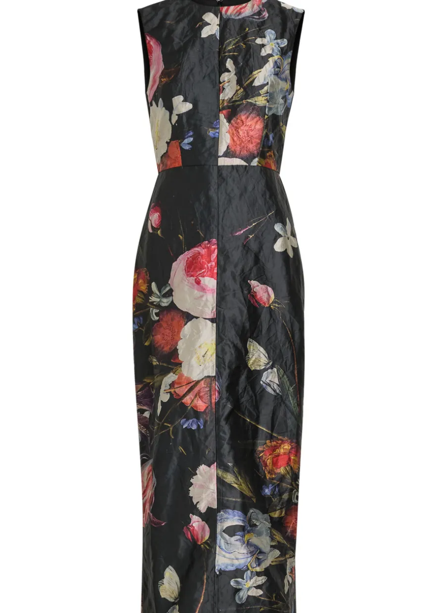 Floral-print crinkled satin midi cocktail dress