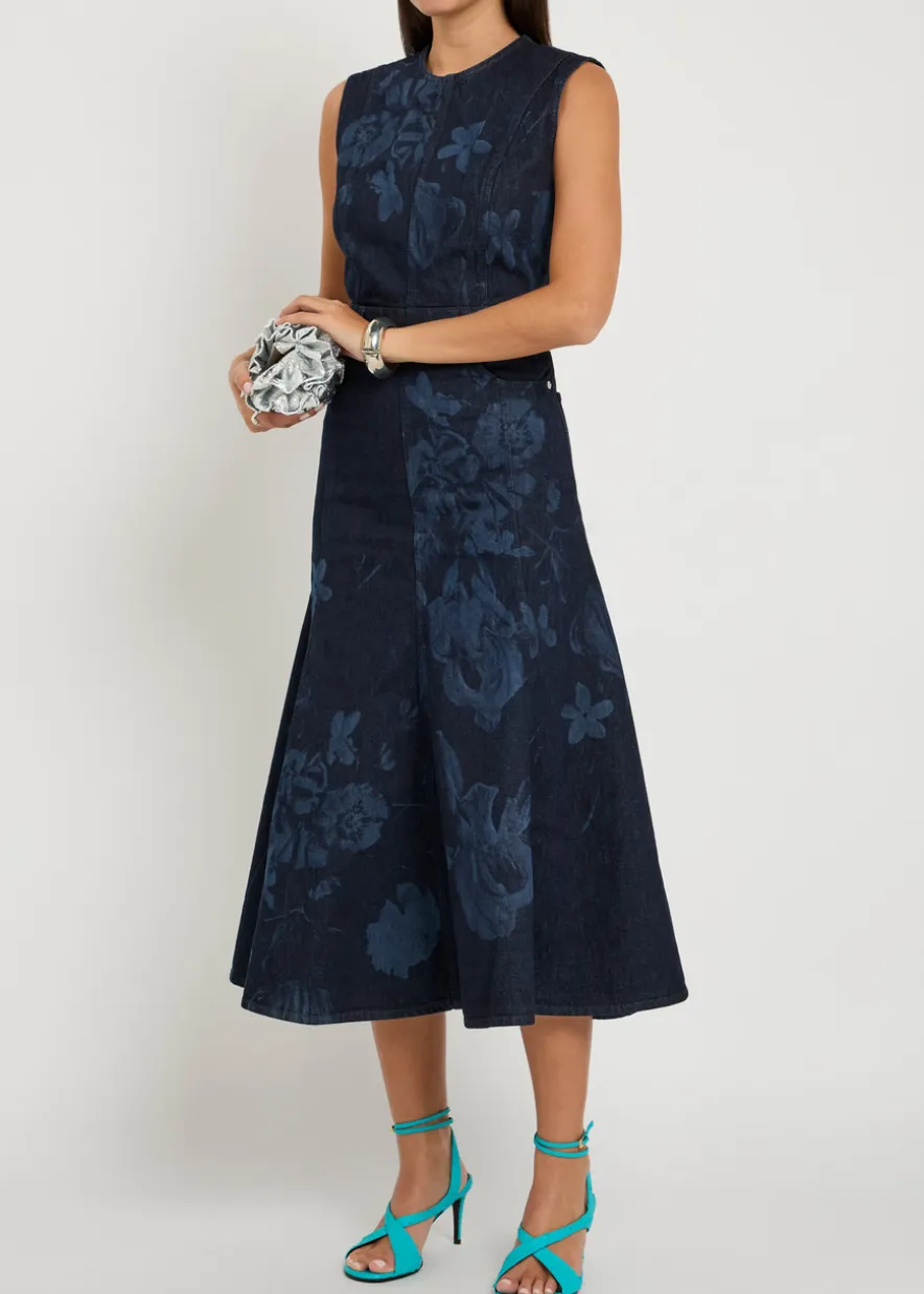 Floral-print denim midi dress