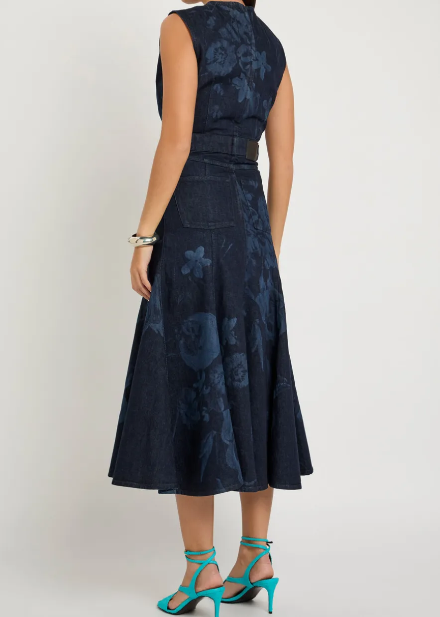 Floral-print denim midi dress