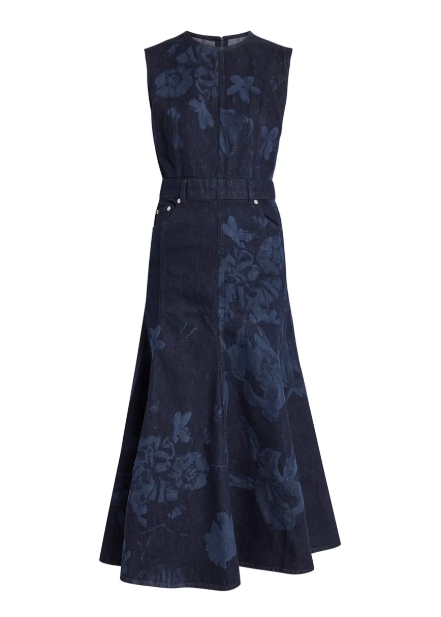 Floral-print denim midi dress