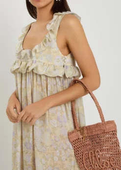 Floral-print frill silk maxi dress