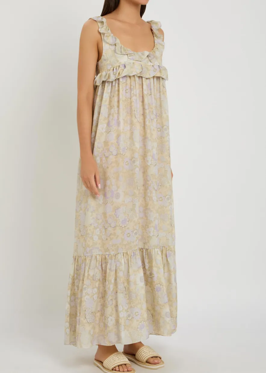 Floral-print frill silk maxi dress