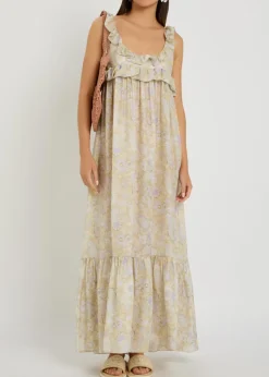 Floral-print frill silk maxi dress
