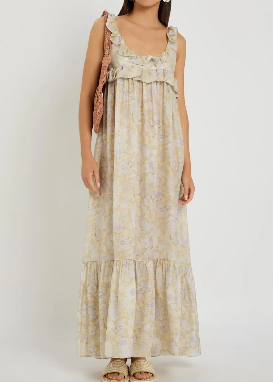 Floral-print frill silk maxi dress