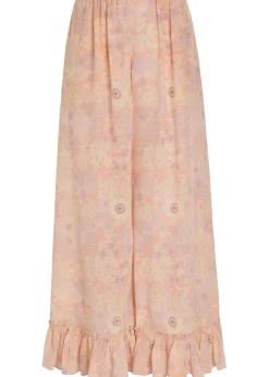 Floral-print frill wide-leg silk trousers