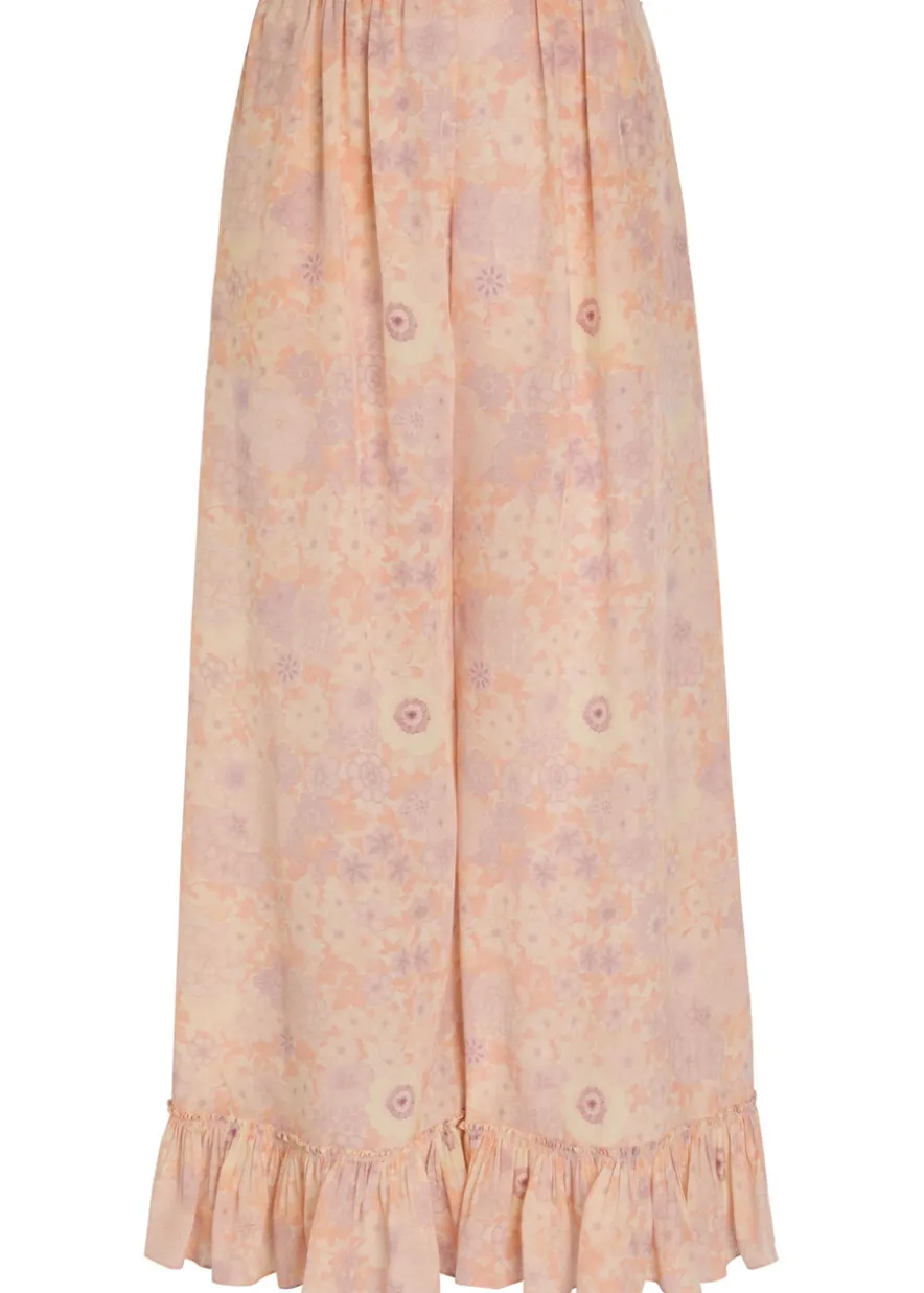Floral-print frill wide-leg silk trousers