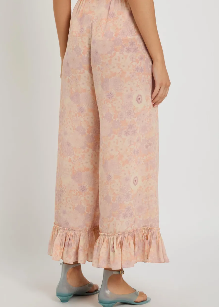 Floral-print frill wide-leg silk trousers