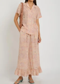 Floral-print frill wide-leg silk trousers