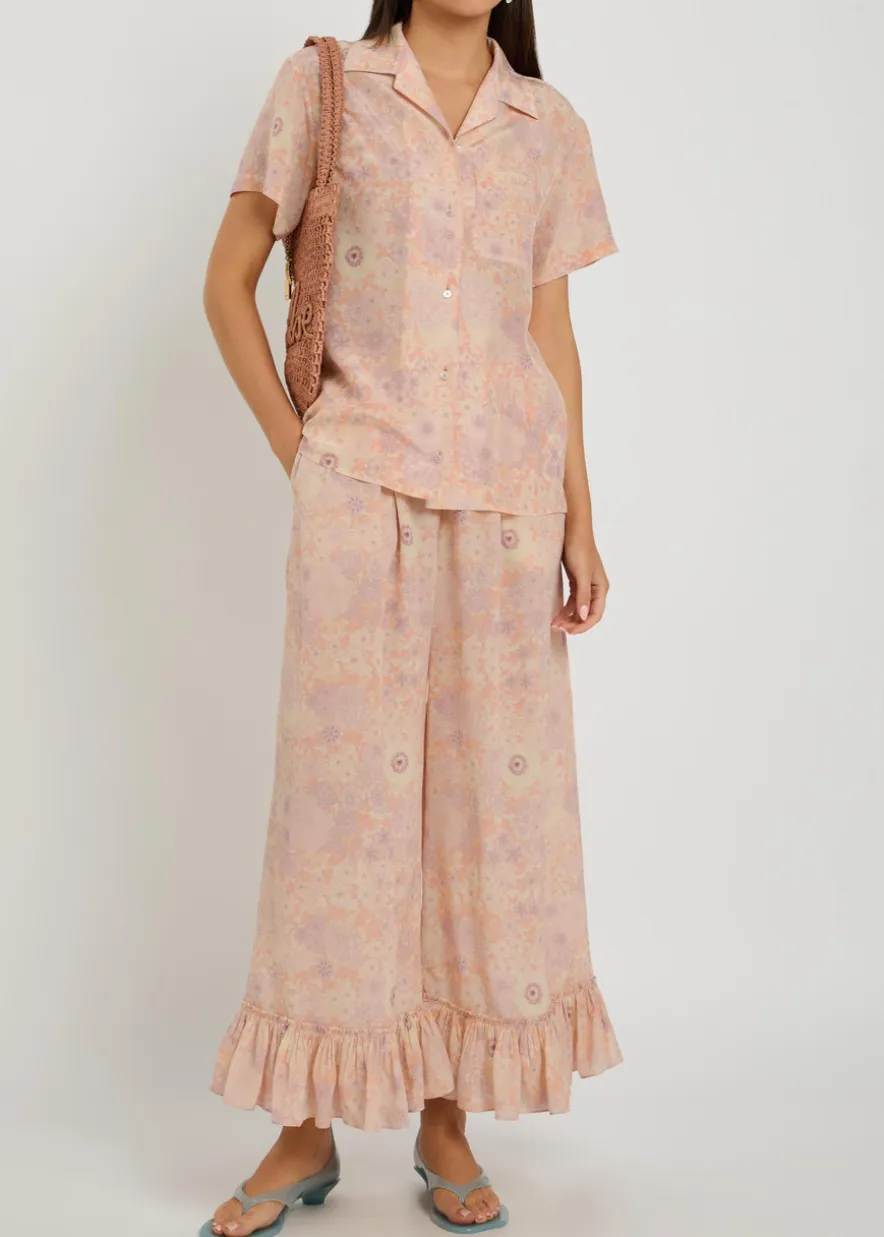 Floral-print frill wide-leg silk trousers