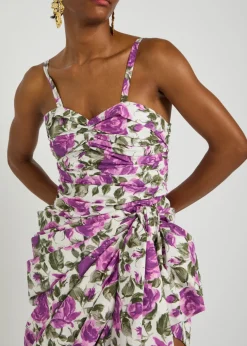 Floral-print gathered cotton mini dress