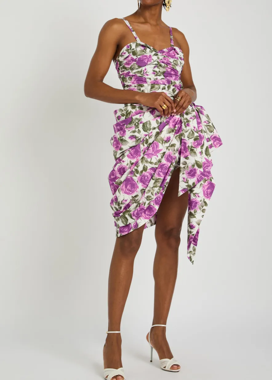Floral-print gathered cotton mini dress